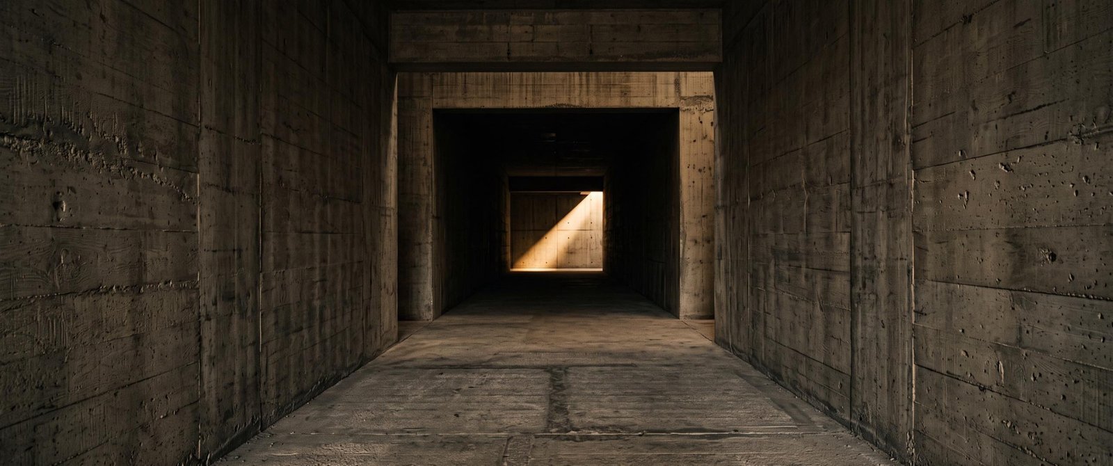 Corredor de concreto aparente, com um feixe de luz quente ao fundo